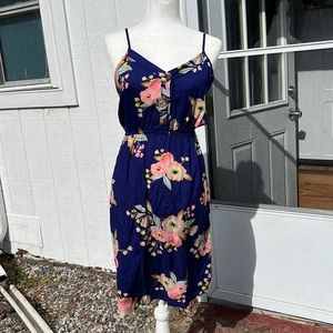 Navy blue button dress with floral design S/M